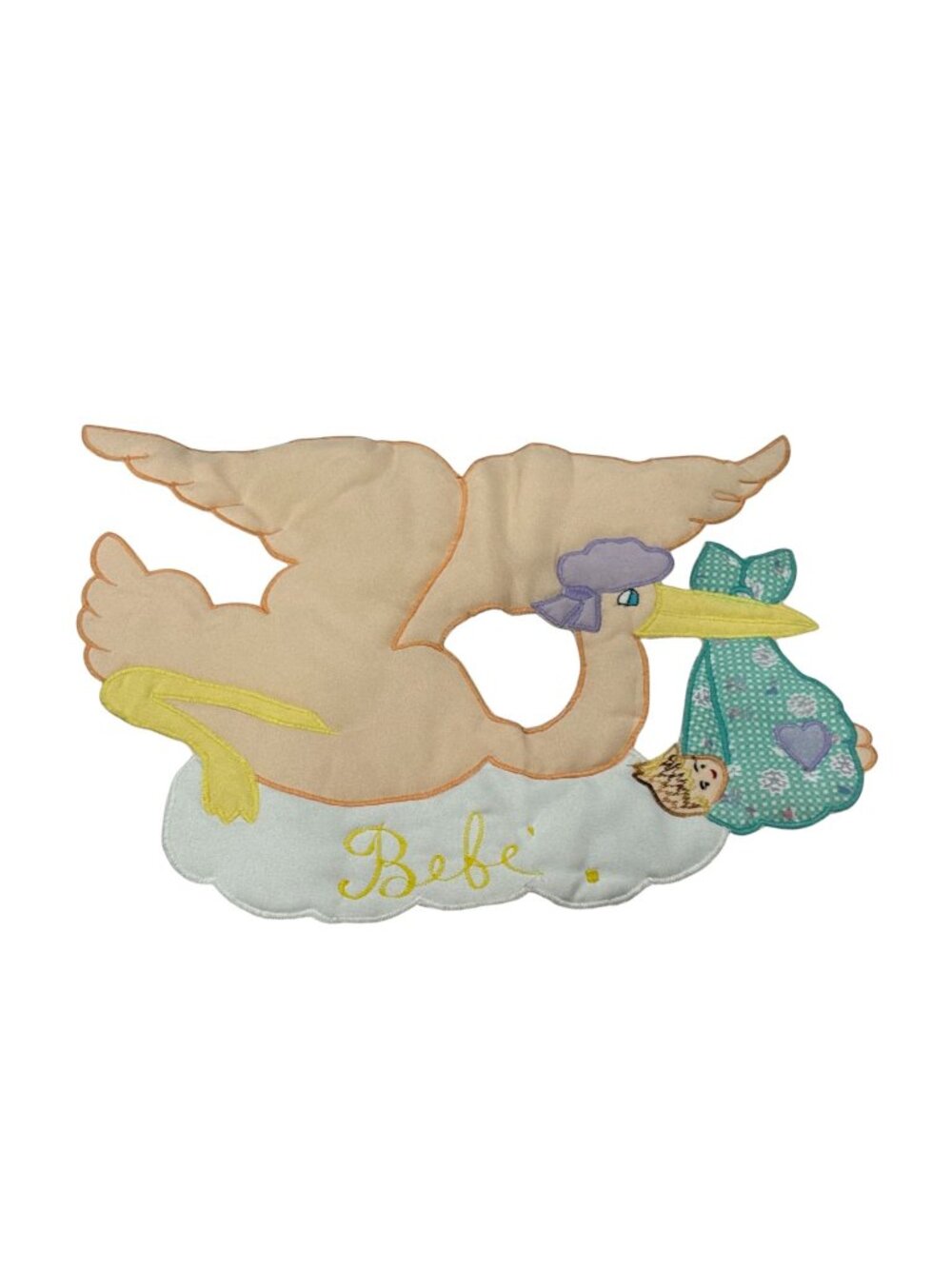 Applique Stork Quilt Patch Baby Nursery Decor "Bebe" 15"x10" Embroidered Fabric